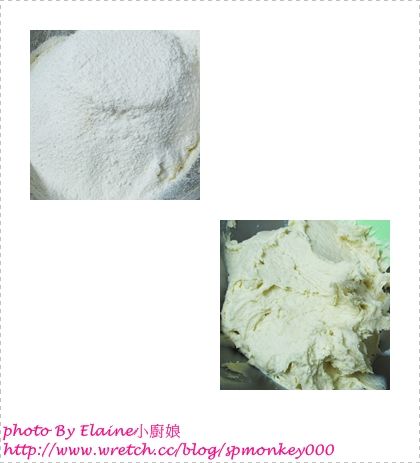 用橡皮刮刀將粉料與奶油糊稍微拌合均勻(下圖右下)。
