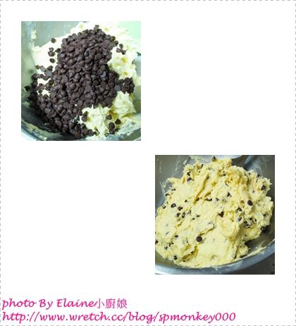 用橡皮刮刀以不規則的方向拌成均勻的"麵糊"。

Tips:不要同一方向用力轉圈亂攪，這樣可以防止麵糰出筋而影響口感(下圖右下)。