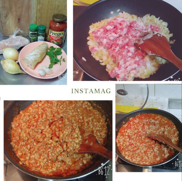 洋蔥切小塊炒至軟化，加絞肉和蒜頭炒香，加入整罐普格義大利麵醬，我喜歡口味重一些所以有再加義大利香料和粗粒黑胡椒粉。
炒到跑出紅色的油就差不多好了，再加鹽巴調味，若能炒更久當然更夠味。