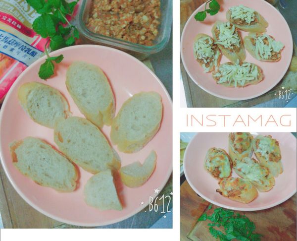 法國麵包斜切塊，放上肉醬,起司絲。
烤約5分鐘後將切碎的薄荷撒上即可上桌囉😋