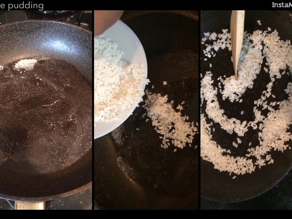 開火,火不要太大把奶油放進去 奶油溶化後把飯倒進去