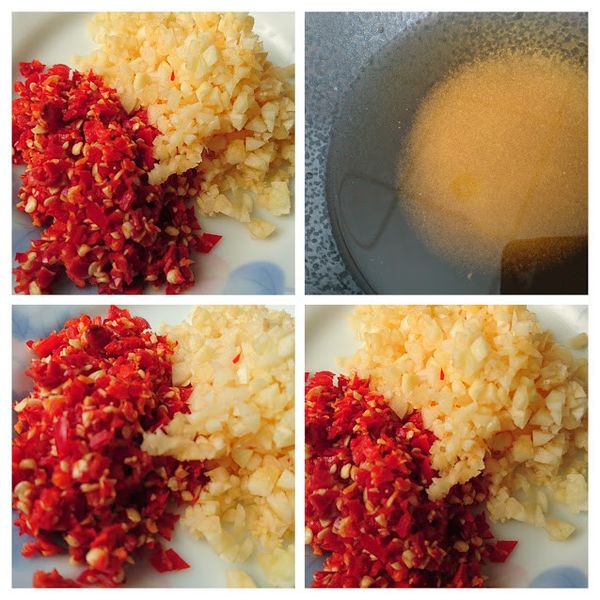 3.辣椒及蒜頭刴細碎備用
4.所有調味料月一大碗調勻備用