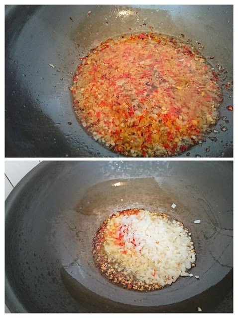 5.魚乾煎至金黃酥脆盛盤備用
6.另鍋加入少許油炒香蒜, 辣椒, 洋葱, 倒入醬汁煮開, 離火
7.將醬汁淋於魚身即可