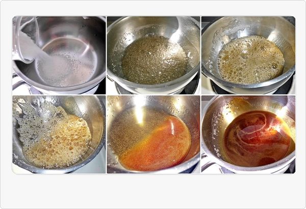 【焦糖製作】
細砂糖入鍋+1大匙的水~將糖濕潤後..開小火續煮,勿攪動!待糖漸漸地上色後..以晃動鍋子的方式,讓焦糖色更為均勻~看起來略呈較深的金黃色澤就可以熄火了→最後將50g的熱水"小心"倒入焦糖中拌均勻。