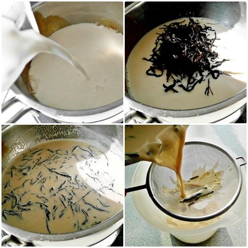 450ml的鮮奶入鍋加熱..微溫後+紅茶葉(or紅茶包)續煮..待茶香充分地融入鮮奶中,鮮奶變成奶茶色時熄火(不須煮至沸騰~可蓋上鍋蓋燜一會兒..讓茶香更入味再濾出)或將奶茶直接過濾出來亦可。