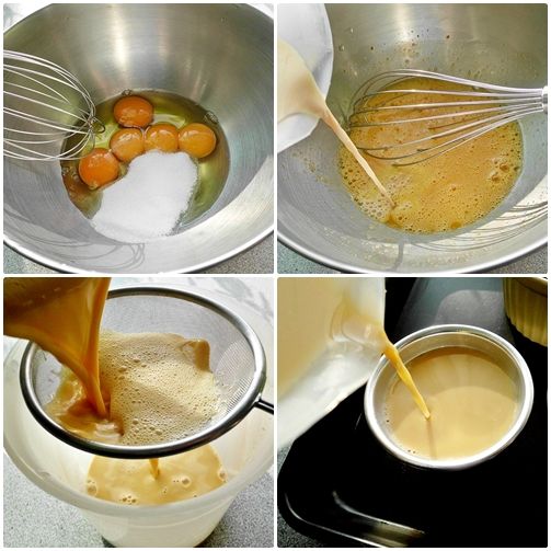 [布丁材料B]拌均勻~ 再將奶茶徐徐沖入蛋液中..以邊倒入邊攪拌的方式拌均勻, 再將布丁液過濾出來..平均倒入每個布丁杯中。