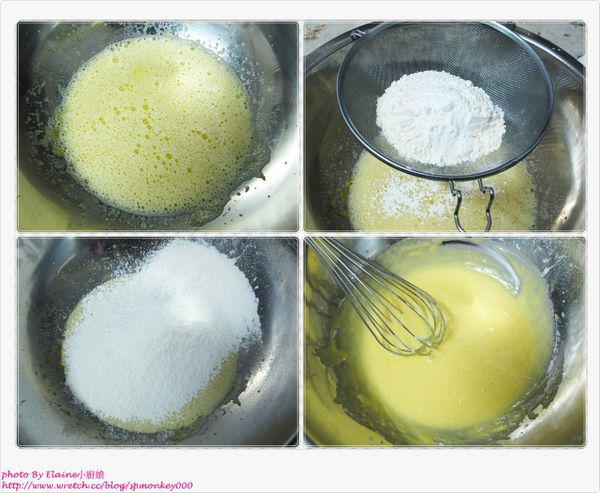 篩入麵粉與泡打粉，用手打攪拌器輕輕拌勻，但~不要太用力，否則麵粉會出筋而影響口感。(右上圖、左下圖、右下圖)