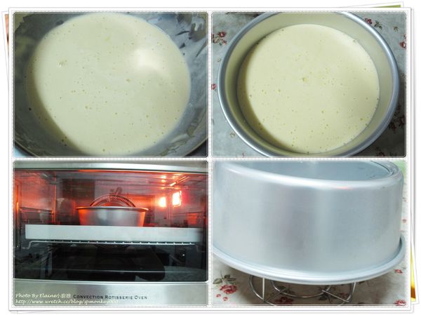 烤箱事先以上火170℃/下火180℃預熱15分鐘，將打發好的蛋白分2次加入麵糊中拌勻，第一次如是右手拿手打攪拌器，以順時針方向，而左手則逆時針方向轉動打蛋盆，拌的時候不要太過於用力，小心蛋白會消泡，這點很重要且動作要輕，手打攪拌器由底部抽起，麵糊與蛋白大致已拌勻。第二次也是用手打攪拌器重複上述動作稍微拌勻，最後再換白色的矽膠刮刀仔細的拌勻並入模，入模後需輕敲模子幾下將空氣排出，將已入模的蛋糕麵糊，放入已事先預熱好的烤箱，以上火170℃/下火180℃烤35~40分鐘，在蛋糕烤好後取出時要做敲模的動作。

