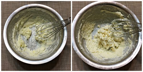 奶油室溫軟化，攪打至鬆軟後加入砂糖，拌勻至乳霜狀。分2-3次加入蛋液，攪拌均勻。