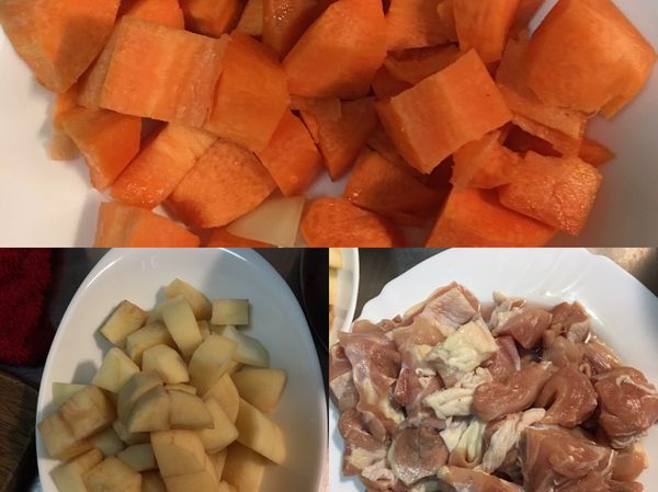 將雞腿、洋蔥、紅蘿蔔、馬鈴薯切小塊備用。
