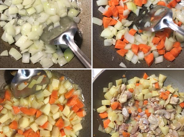 熱鍋後下油兩大湯匙，油熱後以中火依序放入洋蔥、紅蘿蔔、馬鈴薯、雞腿拌炒。