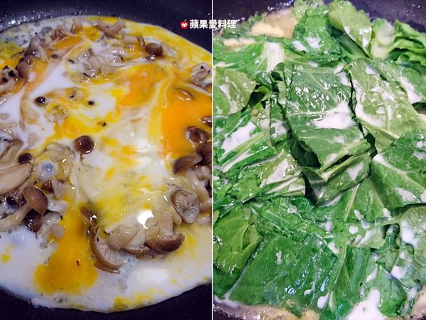 淋粉漿（5大匙），下白菜。白菜半熟時，再淋粉漿（5大匙），蓋鍋蓋燜煎。