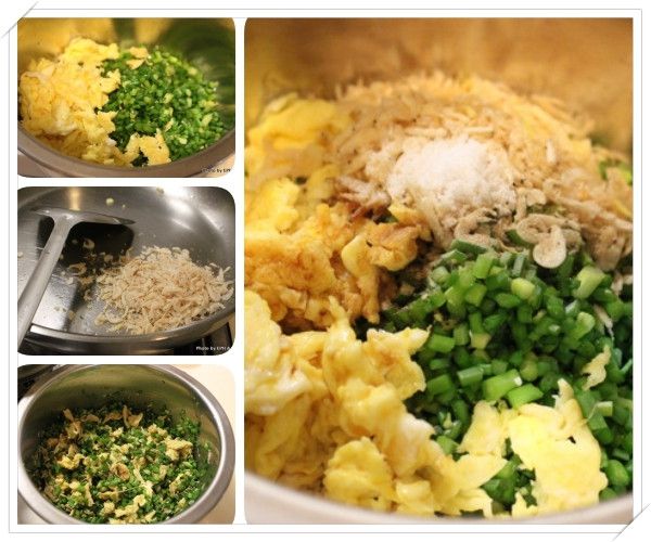 將韭菜花、炒蛋、蝦皮、冬粉（泡冷水切段），
和鹽巴、醬油、麻油、白胡椒粉攪拌均勻。
