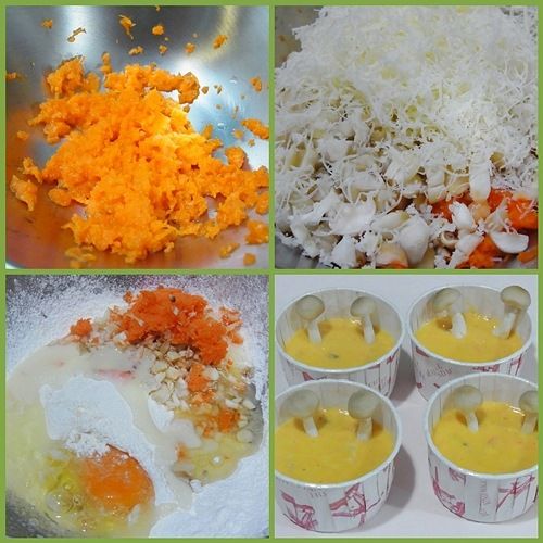 紅蘿蔔磨成泥不必擠乾、鴻喜菇切碎，刨些起司粉備用。鬆餅粉過篩將備用材料加入，打入蛋、沙拉油、煉乳拌勻，再分次加入鮮奶拌勻。裝進烘培紙杯約6分滿，各放兩根鴻喜菇。