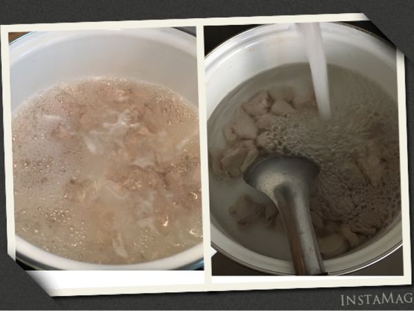 用滾水川燙雞肉（里雞肉）3～5分鐘，
再用水將肉渣洗淨。

＊去腥味的妙方。
