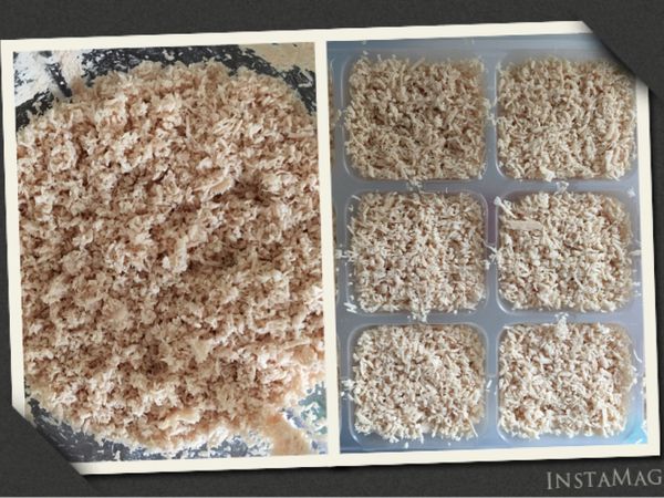 未加水打泥的雞肉成品如圖⋯⋯
乾乾的碎肉！

＊乾乾的雞肉分裝要壓一下喔！