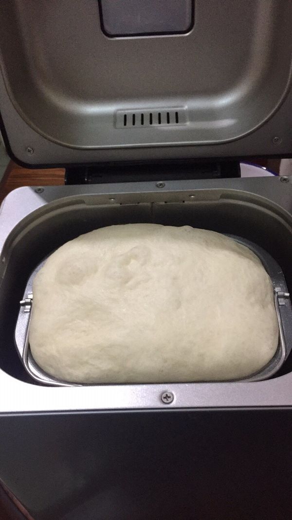 首先製作pizza餅皮, 將水, 油, 高筋面粉, 糖, 塩, 酵母..等材料放進面包機裡.
攪拌及發酵的時間共需約1小時.