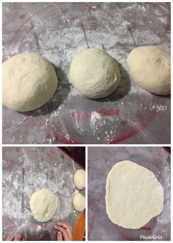 1小時後, 將面團從面包機裡移出. 分成三等份, 滾圓. 壓平擠出空氣, 並撖薄.