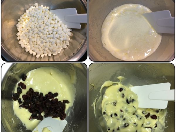 奶油隔水加熱溶化+棉花糖溶+奶粉拌勻+蔓越莓葡萄乾拌勻