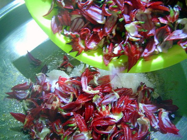 5.將花瓣和糖倒入鍋中，以小火熬煮約30-35分鐘至濃稠即可