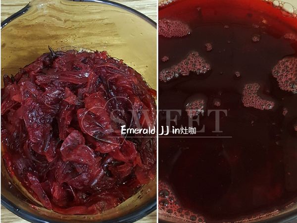 1-果醬/果露瓶-先滾水燙過瀝乾備用
2-洛神花熬煮完成後,過濾出洛神花果露(如右圖),裝瓶放涼冰箱保存
3-熬剩下來的洛神花果肉(如左圖),再加入1杯(約200/g)的糖,繼續熬煮至果膠出來即成果醬,裝瓶倒扣放涼冰箱保存