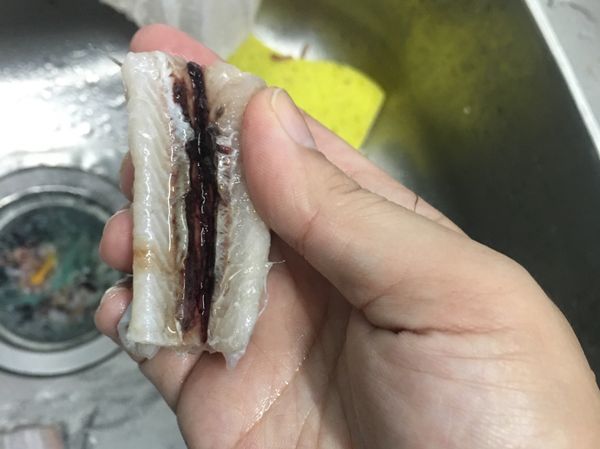 看到了嗎？這是牠的排泄物的一部份，除了皮以外這部份也是腥味的來源之一，一定要洗乾淨