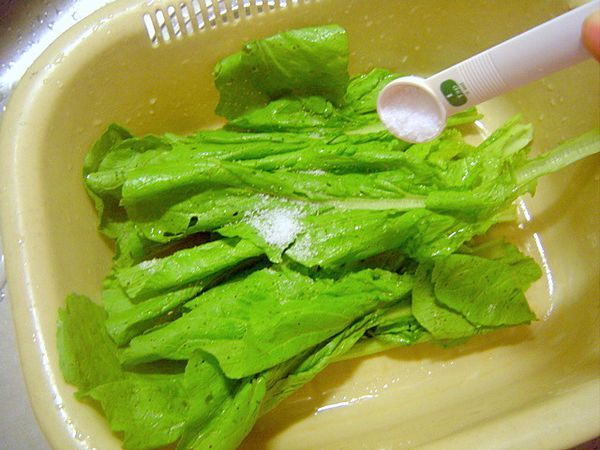 1. 小芥菜清洗乾淨,用鹽醃製約20分鐘,