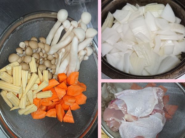 所有食材洗淨、切塊，備用
雞腿肉去油脂會比較不油膩喔