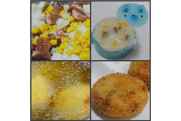 香酥排煎好切小塊後和馬鈴薯泥(蒸熟壓成泥)、玉米、鹽拌勻，用米漢堡的模子壓成圓形，裹上酥炸三寶~1.麵粉2.蛋液3.麵包粉後170度炸至金黃撈起瀝乾油。