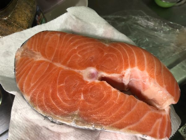 鮭魚清洗後，利用廚房餐巾紙稍做擦乾