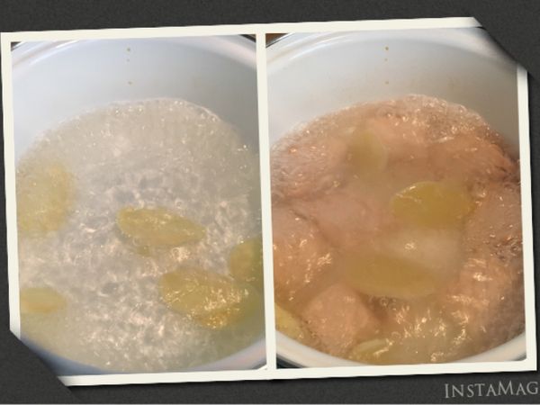 去腥味處理步驟2：
將步驟1煮的水倒掉，
加入新的水重新燒水，
水滾後先將切好的生薑放入，
薑滾一下再將鮭魚放入，
煮個3～5分鐘再將鮭魚撈起。

＊處理後的鮭魚像魚罐頭的味道，好香⋯⋯