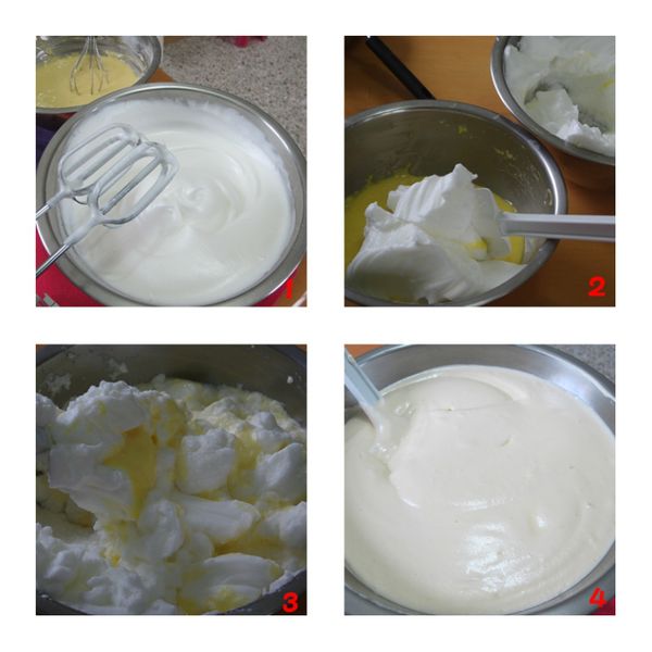 步驟2蛋白加入塔塔粉快速打到起泡,分次加入糖粉中速打到綿密沒有顆粒狀的硬性發泡, 將一半的蛋白糊加入蛋黃糊中,由下而上拌勻後,倒入剩下的一半蛋白糊中,重複動作輕輕拌勻