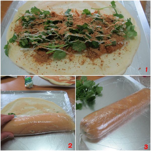 步驟4鋪上保鮮膜後,依序放上蛋糕餅皮,肉鬆.香菜.沙拉.花生粉,連同保鮮膜,邊捲邊推,最後捲起以保鮮膜捲緊固定