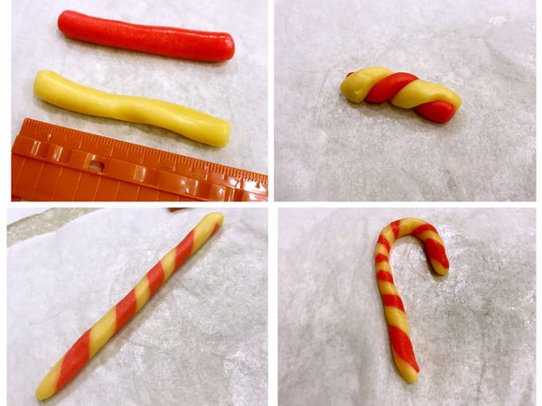 拐杖糖餅乾～
搓長約5～6cm、扭在一起呈麻花狀、再輕柔的搓長約13cm，最後就變成拐杖糖的樣子了。