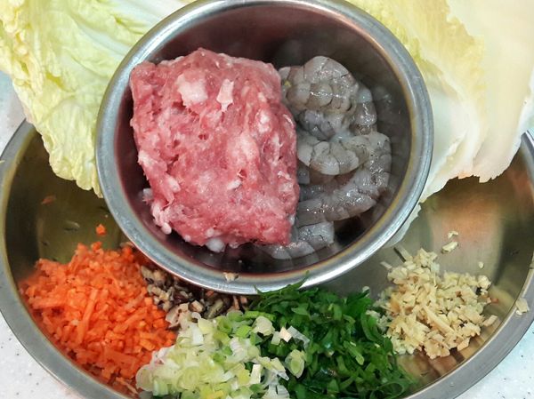 白菜六片，洗淨燙軟，泡冷水冷卻瀝乾備用。
豬肉剁末，蝦仁剁一公分粒狀，不要切太細，才吃的到蝦仁味道及口感才好。
荸薺削皮拍扁切小粒，可以擠出水份也可以不擠，他的口感清脆，買不到可以不加入。五色蔬菜都切細末，配色可以自己看冰箱有什麼都可以放。要切細份量不必多。
