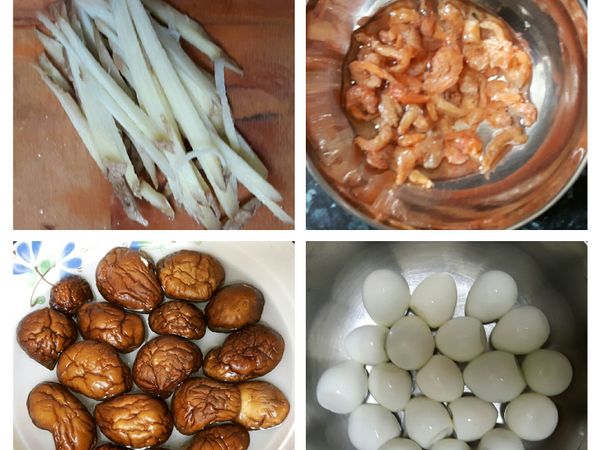 薑切絲，金鈎蝦用適量的米酒泡開，香菇泡開，鳥蛋清洗後濾乾備用