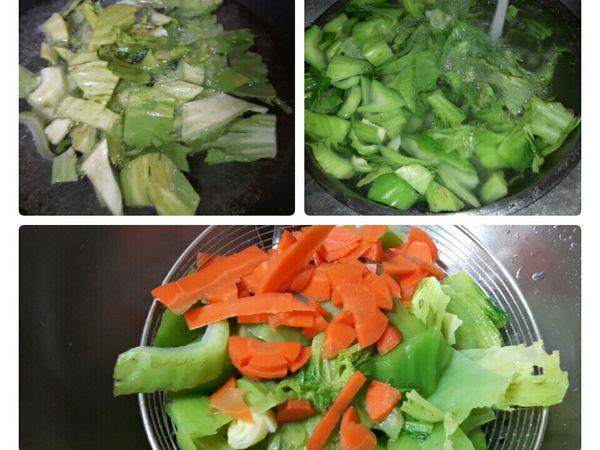 芥菜切大片狀，水鍋內加入適量的油及鹽巴後入芥菜及紅蘿蔔片川燙至水滾後約3-5分鐘後撈起泡冷水至涼，濾乾水份備用