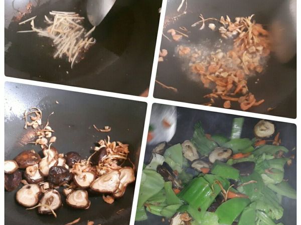 起油鍋下薑絲炒香後蝦米擰乾下鍋翻炒至香氣出來，再將泡發的香菇入鍋拌炒到香氣出來後入芥菜翻炒，此時將先前泡金鈎蝦的米酒延鍋邊倒下熗鍋