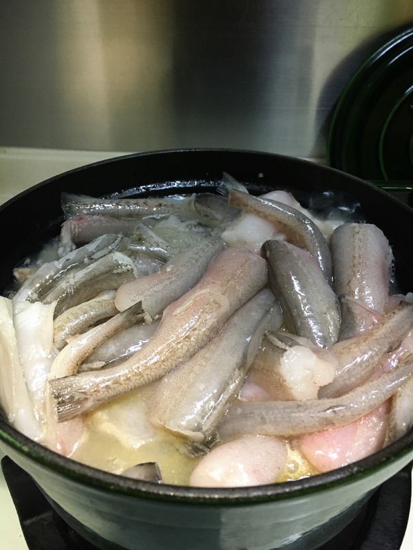 5. 燒紅鍋，下油，中火炒香蒜蓉及肉碎至8成熟，倒入清雞湯及黄糖中大火煮滾，放入粉絲煮約3分鐘，加入九肚魚中大火煮滾，轉小火加蓋煮8分鐘，熄火，不要打開蓋焗8分鐘，至魚熟透(如魚未熟可開大火煮1-2分鐘直至魚熟透)，灑上魚露、特濃麻油及冬菜，即成。