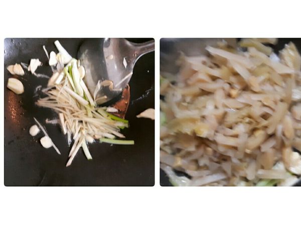 起油鍋，下薑絲，蔥白，蒜片爆香後，下酸菜翻炒至香味出來