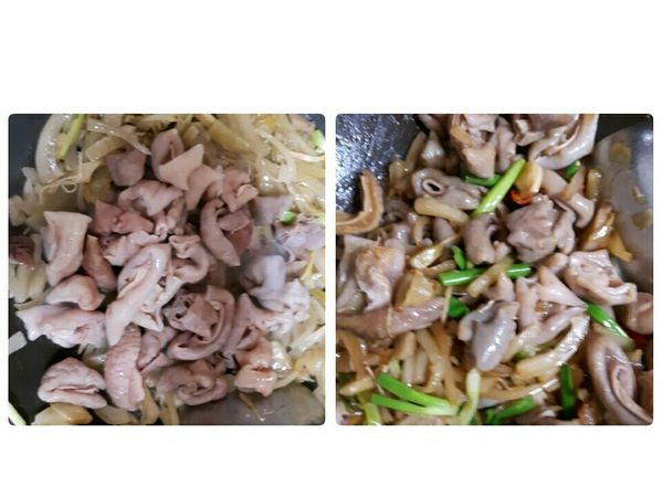 待酸菜味出來後，下魚肚（胃）翻炒至食材均勻，將醬油延鍋邊淋下嗆鍋氣，加糖及烏醋和酒翻炒至香味出來後入白胡椒粉，蔥綠跟辣椒再續炒一下即可將白醋跟香油加入後便可起鍋