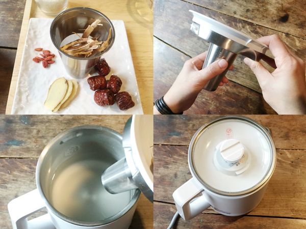 將蔘鬚、黃耆、當歸、川芎放入茶籠，將茶籠固定於雙層上蓋，鍋中倒入高湯與米酒，蓋上雙層上蓋，按下底座控版功能鍵【煮水功能】，待水滾並自動斷電後，悶泡10分鐘，取出茶籠。