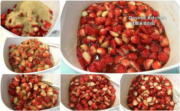 放入大盆中、倒入砂糖，混合均勻，靜置室溫3小時（不時翻動混合，讓草莓釋放出汁液，砂糖也會漸漸融化！）