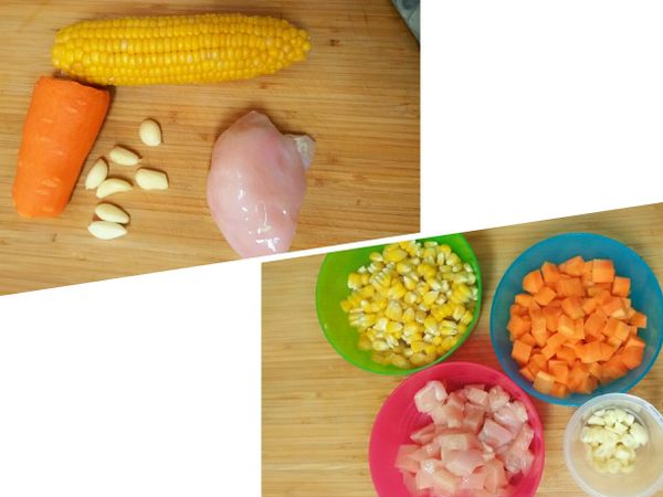 玉米去外殼、鬚鬚，洗淨後放入電鍋蒸熟(外鍋半杯水)
紅蘿蔔洗淨去皮
蒜頭去皮，切小片
雞胸肉微凍最好切(可前一天從冷凍先放入冷藏退冰或是新鮮買回後，直接放冷凍約1小時)