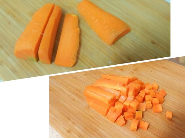 紅蘿蔔切第一刀後，轉向平放(這樣切比較安全)切成約厚一公分的片狀，再切成1*1公分的條狀，就能輕鬆切成丁了