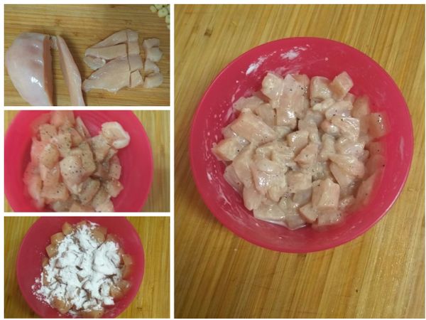 微凍的雞胸肉切片，再切條、切丁
先加入黑胡椒鹽抓醃一下，再加入太白粉抓一抓