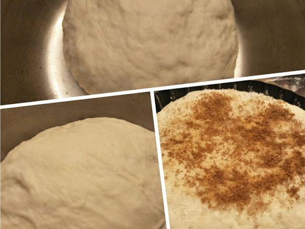 1.先將麵團材料均勻混合，用保鮮膜封起，在室溫靜置1小時發酵。

2.待發酵後取出，用擀麵棍擀使之鬆弛，再靜置20分鐘。

3.放置烤具中，撒上一層肉桂粉及白砂糖。