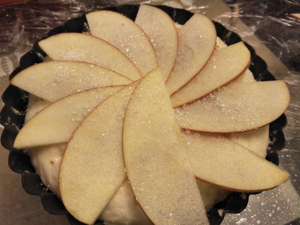 將蘋果切片擺放如圖，最後再撒上適量的白砂糖，放入烤箱以180°/10分鐘烤。