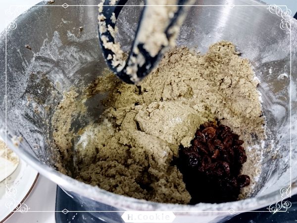 奶油放室溫軟化後，攪拌成奶霜狀，篩入黑糖粉及豆漿，攪拌約5分鐘後，再篩入紅茶粉及低筋麵粉攪拌均勻，最後混入預泡軟的葡萄乾