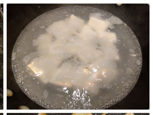 滾水加一些鹽，下豆腐 燙一下。